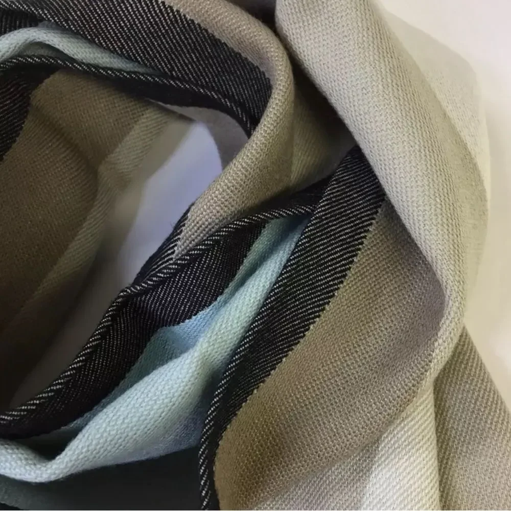 Auth NWT Emilio Pucci 100% Wool Neutrals Blues Striped Scarf Stole Muffler Wrap